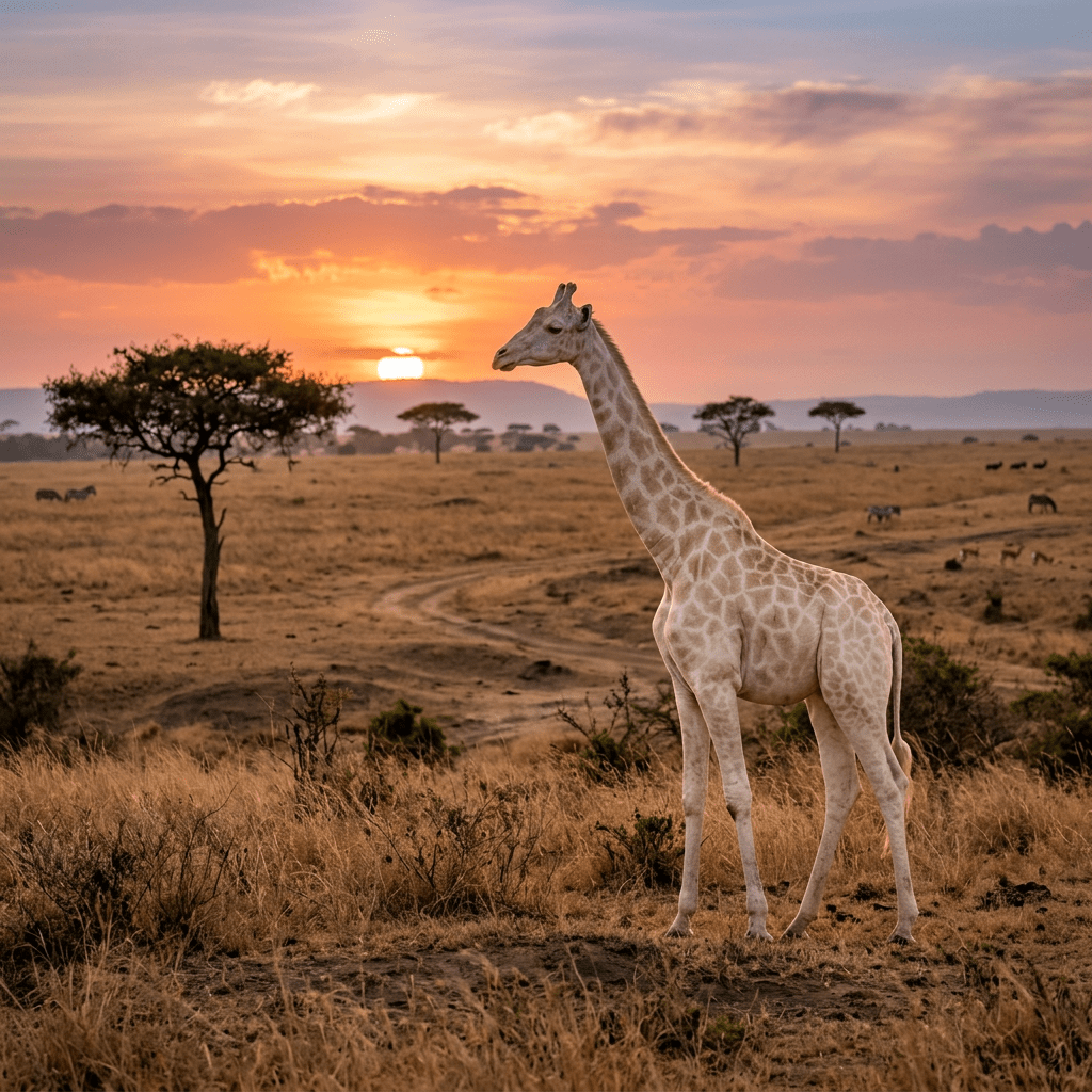A giraffe standing on dry grassland with acacia trees and a setting sun in the background